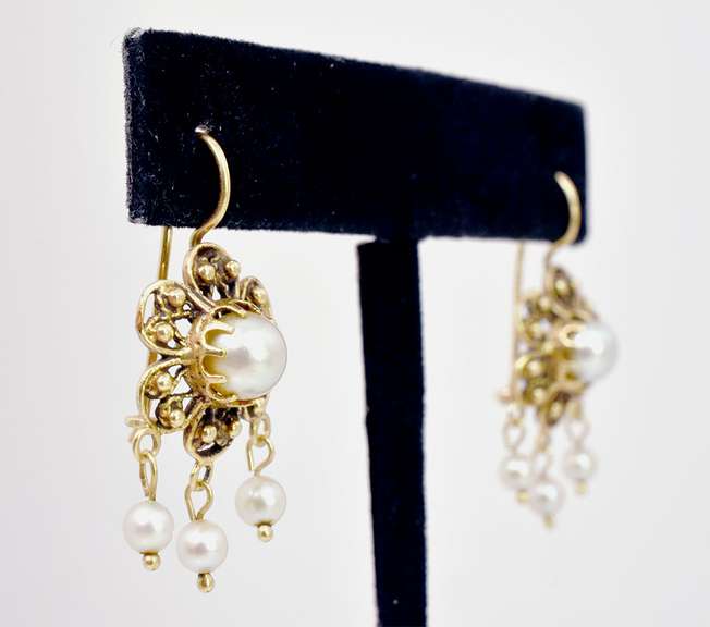 Ornate Flower Style Pearl Earrings in 14K Yellow Gold