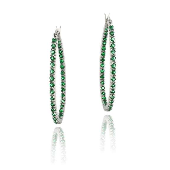 Sterling Silver 2ct Created Emerald 33mm Oval Hoop Earrings