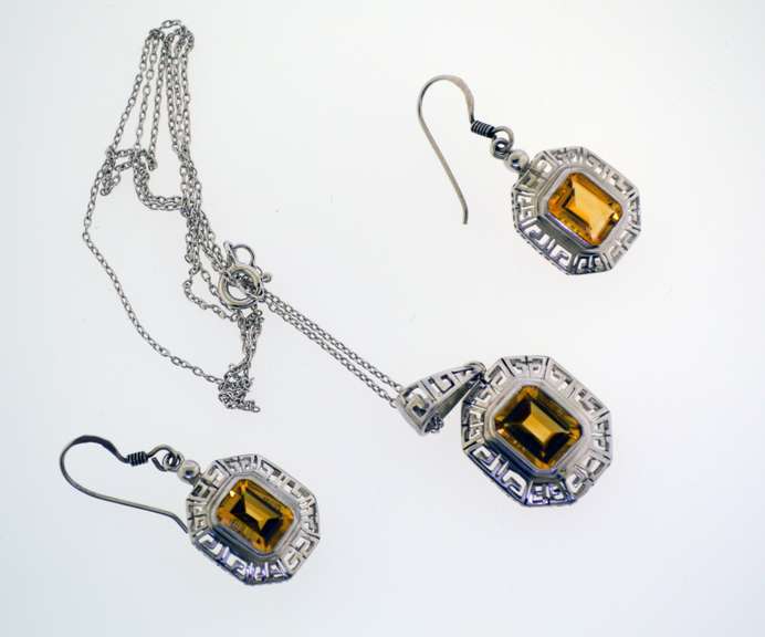Sterling Silver Greek Key Citrine Pendant And Earrings Set