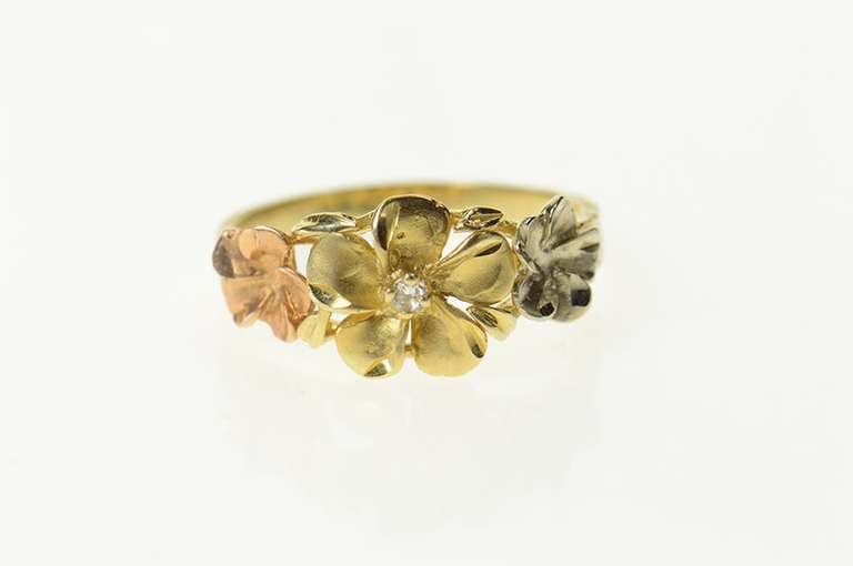 14K Yellow Gold Diamond Hawaiian Plumeria Flower Tri Tone Ring