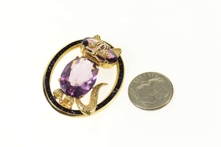 14K Yellow Gold Amethyst Seed Pearl Syn. Sapphire Cat Oval Pin/Brooch