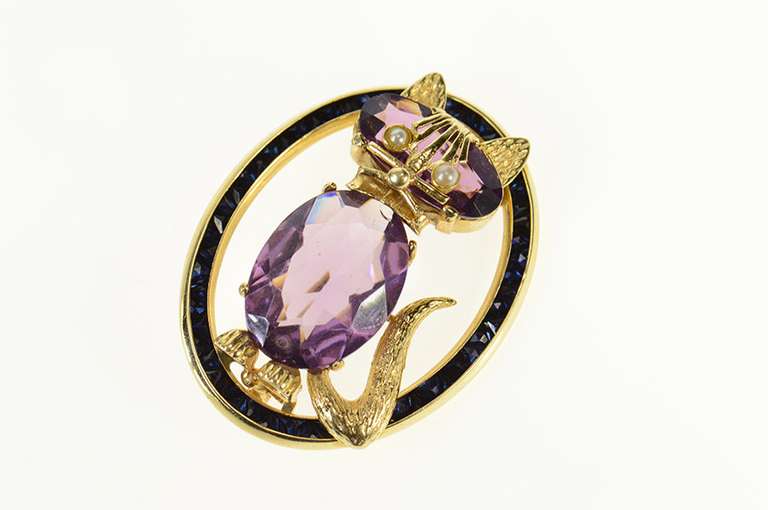 14K Yellow Gold Amethyst Seed Pearl Syn. Sapphire Cat Oval Pin/Brooch