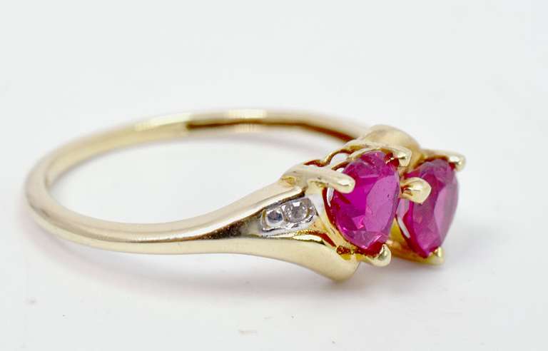 Romantic Double Heart Ruby Ring in Yellow Gold with Diamonds