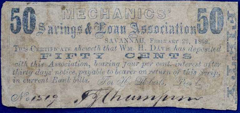 February 22nd 1862 Mechanics Savings & Loan Association 50 Cents, Circulated.