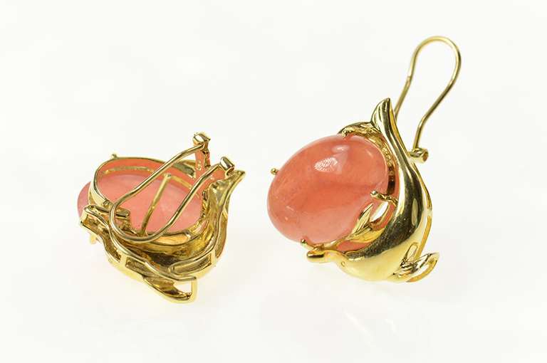 14K Yellow Gold Rhodochrosite Ornate Dolphin French Clip Earrings