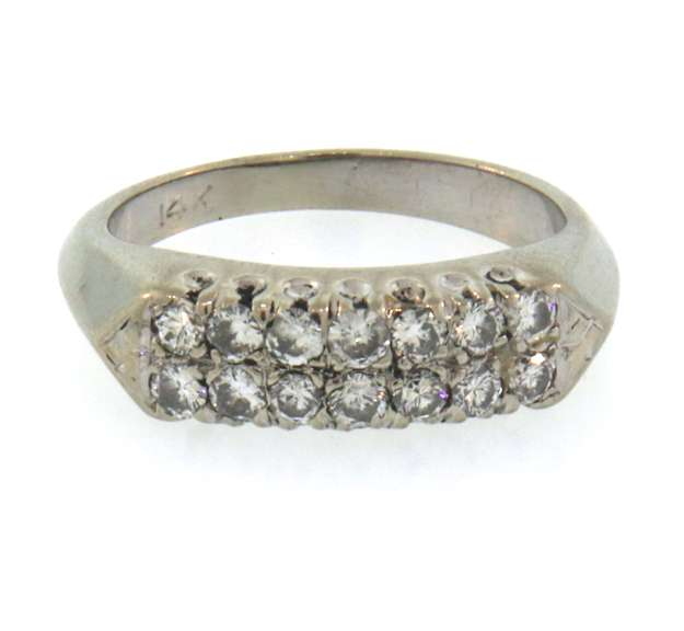 14k white gold diamond band ring with shared prong setting