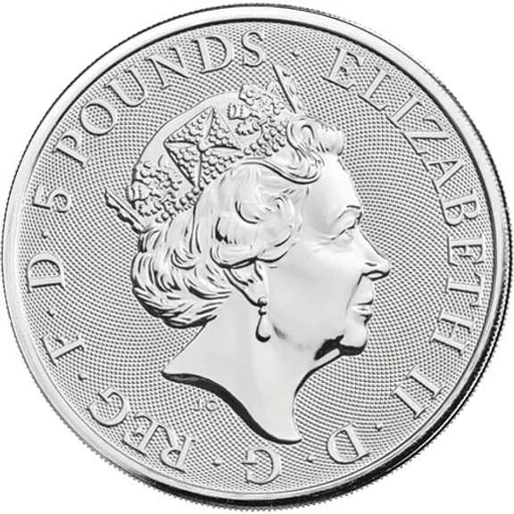 2020 White Lion Of Mortimer 5 Pound Queens Beast 2oz .999 Silver Coin.