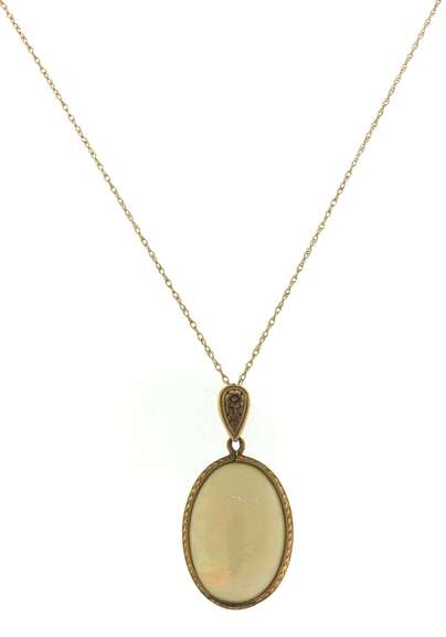 Vintage Engraved Gold Frame & Bail on Oval Opal Pendant on Chain