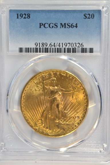 Super Nearly Gem BU 1928 St. Gaudens $20 Gold. PCGS MS64