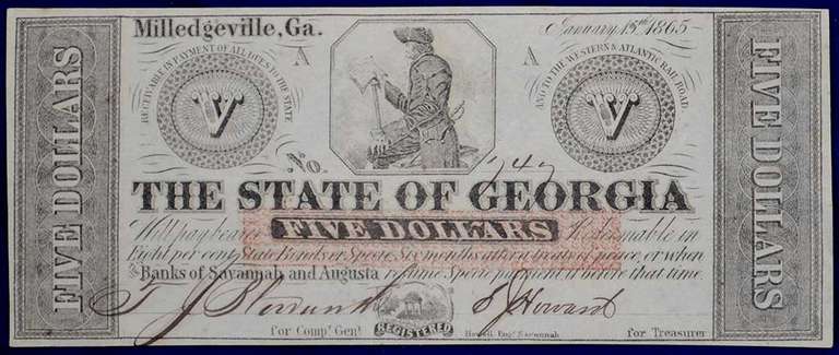 January 15th 1862 Milledgeville GA Five Dollars, Uncirculated.