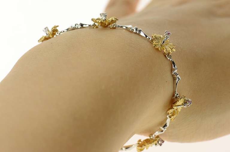 14K Yellow Gold Denny Wong Diamond Ruby Hibiscus Two Tone Bracelet