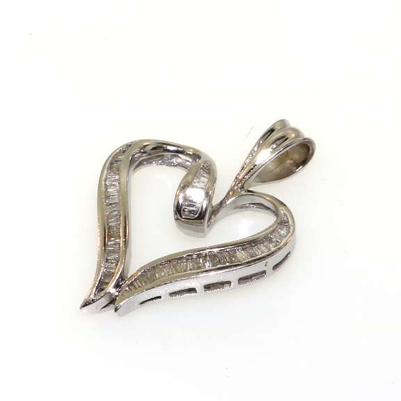 Contemporary 14kt White Gold Heart-Shaped Pendant with Baguette Diamonds
