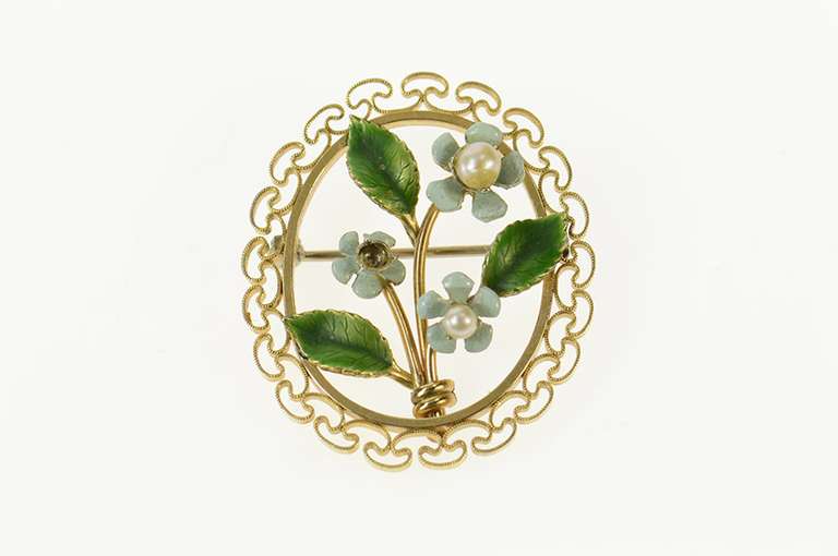10K Yellow Gold Ornate Enamel Retro Forget Me Not Filigree Pin/Brooch