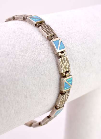 Sterling Silver Blue Gemstone With Green Streaks Bracelet.