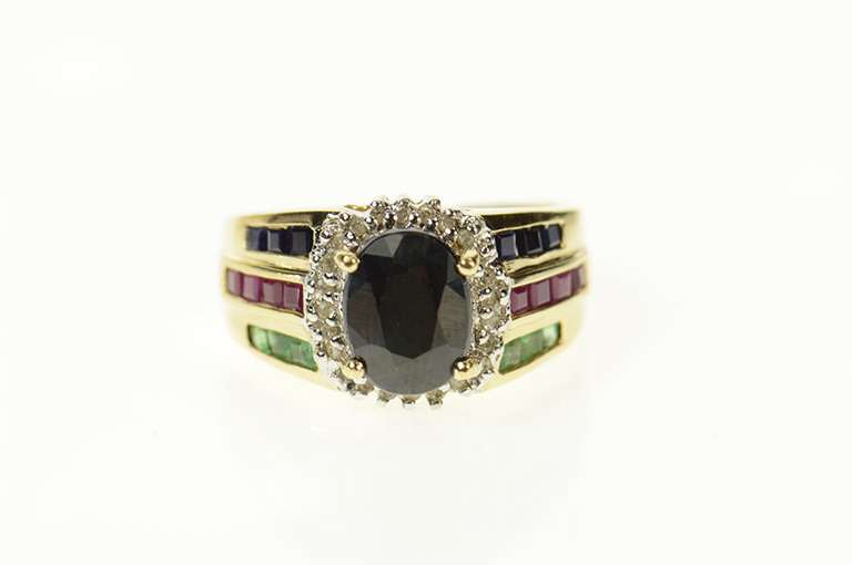 14K Yellow Gold Oval Sapphire Diamond Halo Ruby Emerald Ring