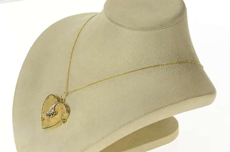 14K Yellow Gold 1940's Sapphire Diamond Heart 4 Photo Locket Pendant