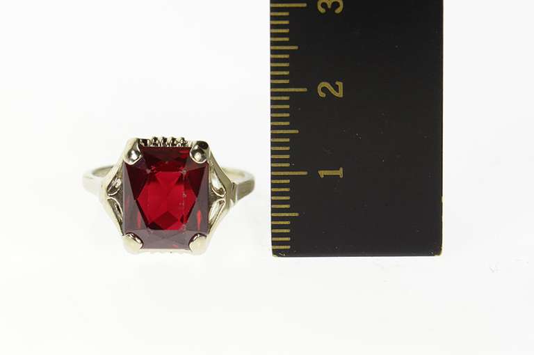10K White Gold Art Deco Syn. Ruby Squared Ornate Statement Ring