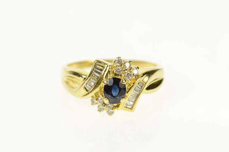 14K Yellow Gold Natural Sapphire Diamond Cluster Bypass Ring