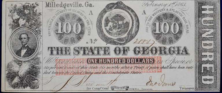 February 1st 1863 Milledgeville GA One Hundred Dollars, Very Lightly Circulated.