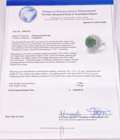Intricate 7.49CTS Emerald Sterling Silver Ring with 1.79CTW White Sapphire Gallery