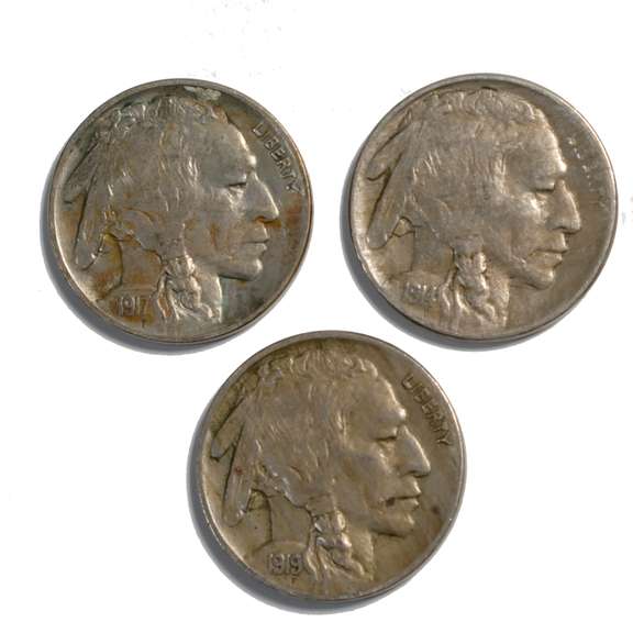 Full Horn 1914 1917 & 1919 Buffalo Nickels