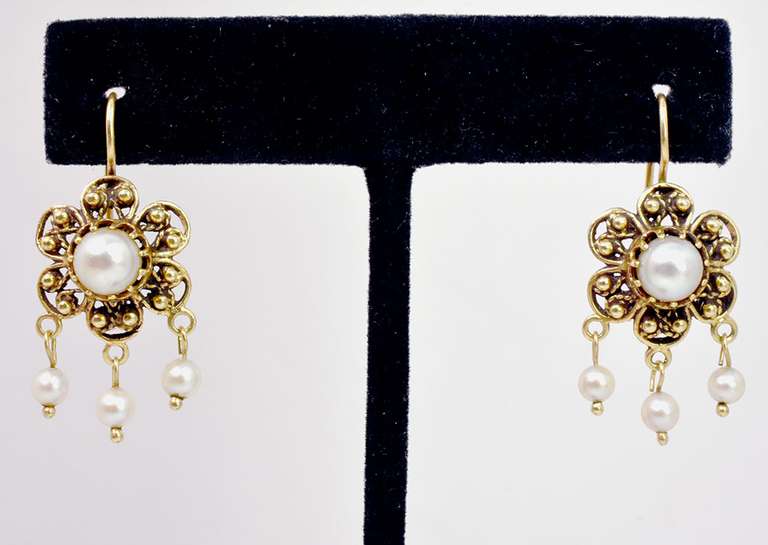 Ornate Flower Style Pearl Earrings in 14K Yellow Gold