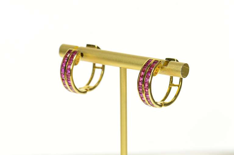 18K Yellow Gold Princess Ruby Encrusted Hoop Earrings
