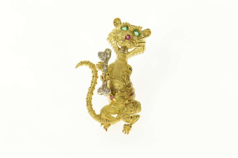 18K Yellow Gold Emerald Eyed Rat Diamond Bone Ruby Pin/Brooch