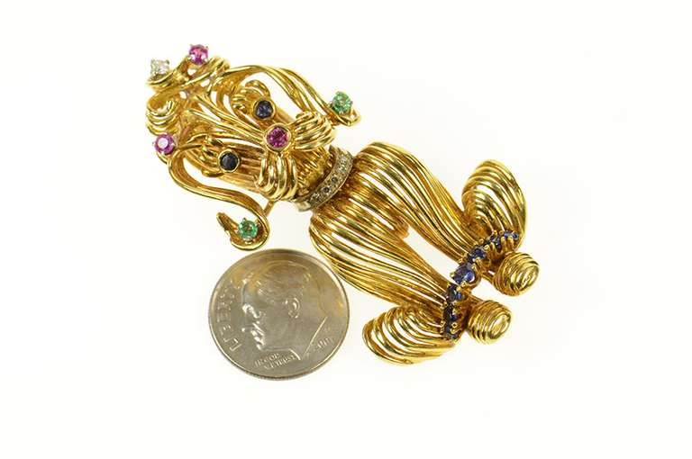 18K Yellow Gold 60's Poodle Emerald Ruby Diamond Statement Pin/Brooch