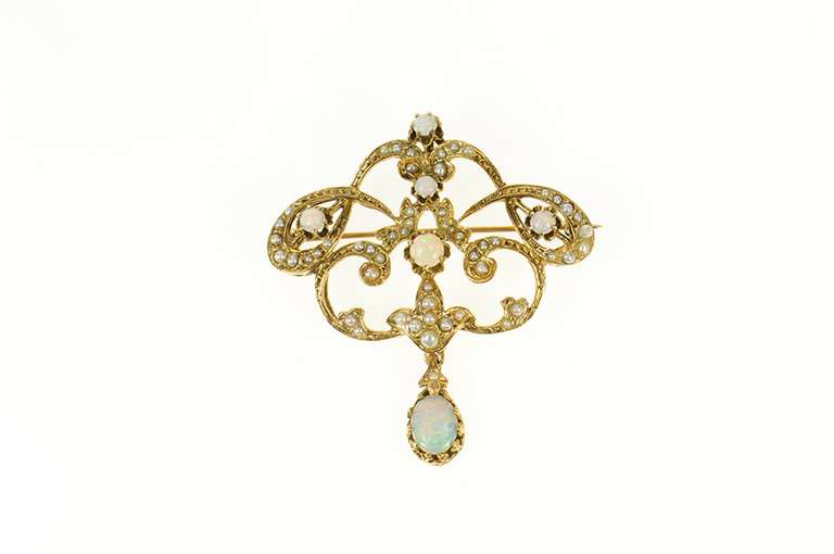 14K Yellow Gold Victorian Opal Seed Pearl Ornate Elaborate Pin/Brooch