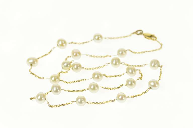 14K Yellow Gold Pearl Beaded Cable Link Classic Chain Necklace