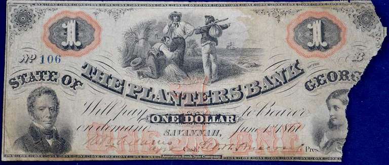 June 1st 1860 The Planters Bank Savannah GA One Dollar, Circulated And Torn.