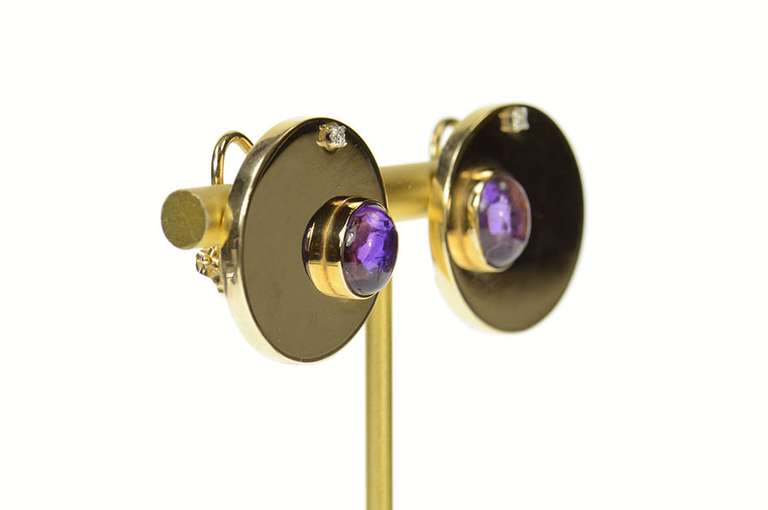 14K Yellow Gold Retro Amethyst Diamond Circle French Clip Earrings