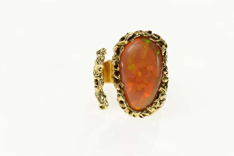 14K Yellow Gold Mexican Fire Opal Textured Statement Ring