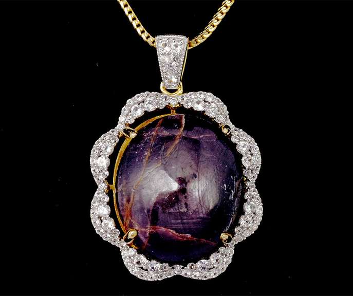 Mesmerizing Colossal Rare Unheated 85.92CTS Cabochon-Cut Star Ruby & White Sapphire Necklace in Sterling Silver
