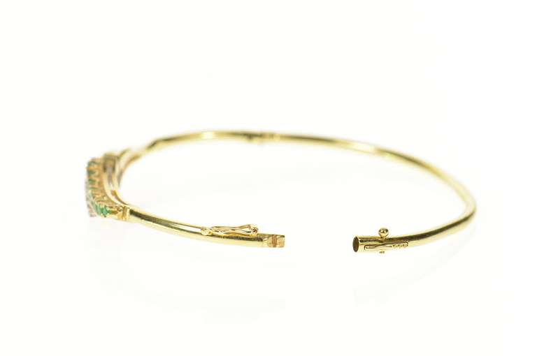14K Yellow Gold Emerald Diamond Retro Bypass Bangle Bracelet