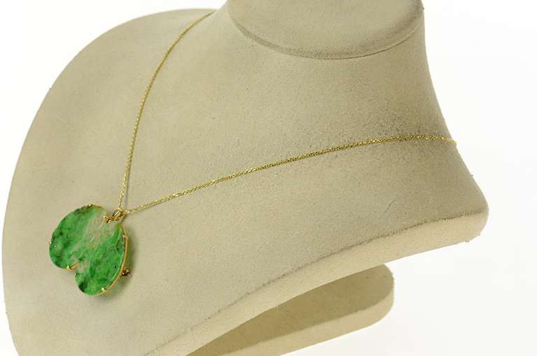 14K Yellow Gold Victorian Carved Floral Swirl Wing Jade Pendant