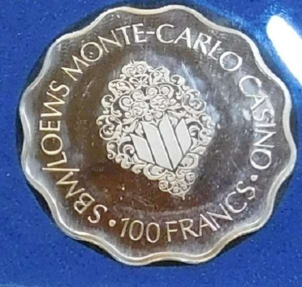 Franklin Mint: Sterling Sil Casino Chip, GEM Cameo PRF - 100 Francs Monte Carlo