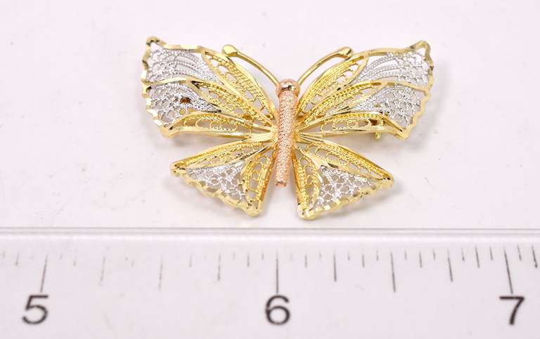 Wonderful Tri-Color Butterfly Pin in 14KT Gold