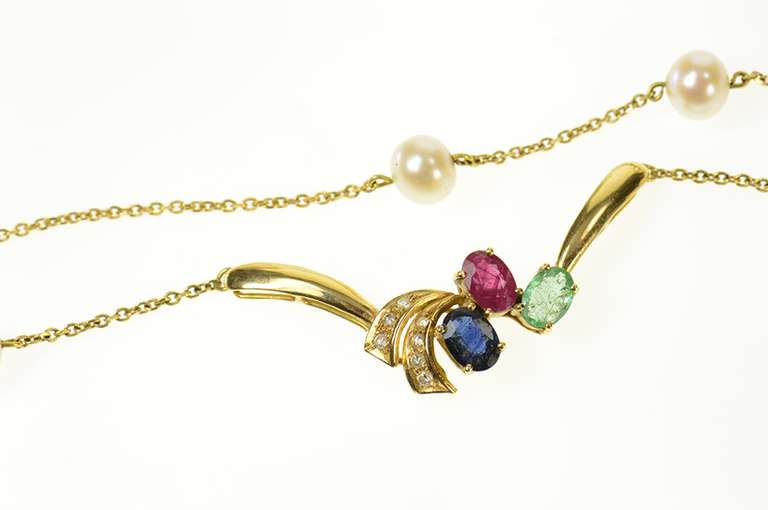 18K Yellow Gold Emerald Ruby Diamond Pendant Pearl Chain Necklace