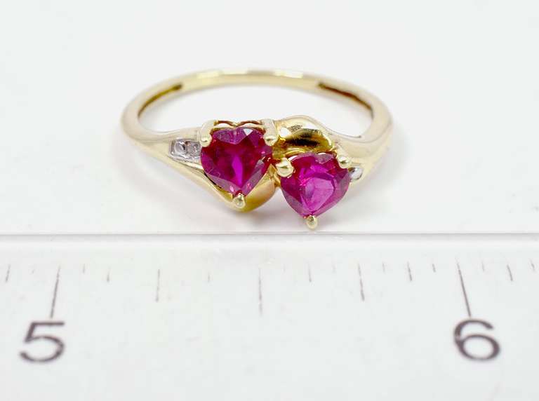 Romantic Double Heart Ruby Ring in Yellow Gold with Diamonds