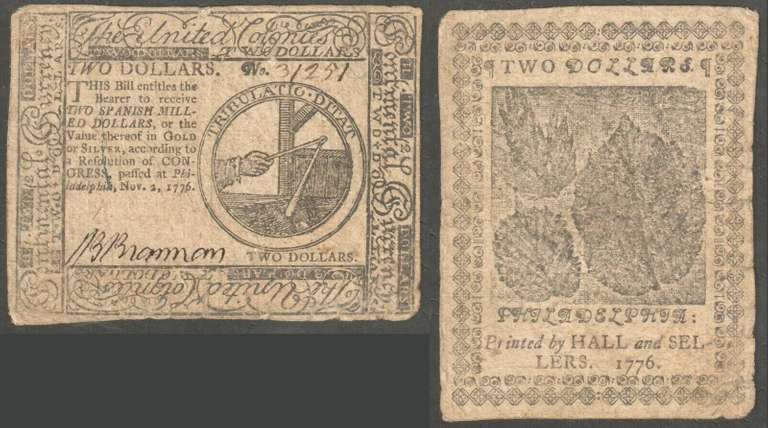 Colonial Currency Two Dollars Levy Signature 1776 Philadelphia VF