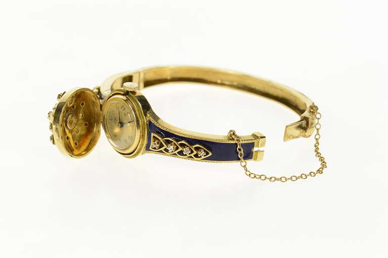 18K 0.80 Ctw Victorian Blue Enamel Diamond Bangle Women's Watch