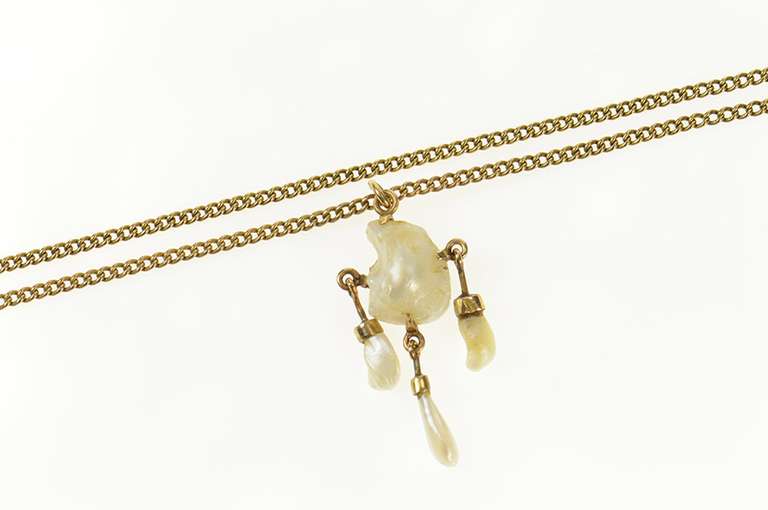 10K Yellow Gold 1930's Ornate Pearl Dangle Fringe Chain Necklace
