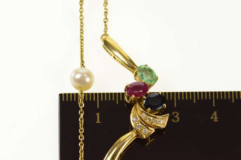 18K Yellow Gold Emerald Ruby Diamond Pendant Pearl Chain Necklace