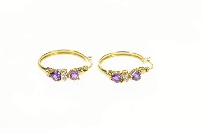 10K Yellow Gold Heart Amethyst Diamond Accent Hoop Earrings