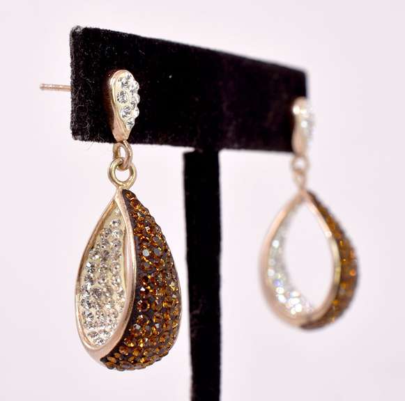 Sterling Silver Clear And Amber Colored Gemstone Earrings.