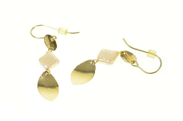 14K Yellow Gold Pearl Geometric Hammered Dangle Hook Earrings