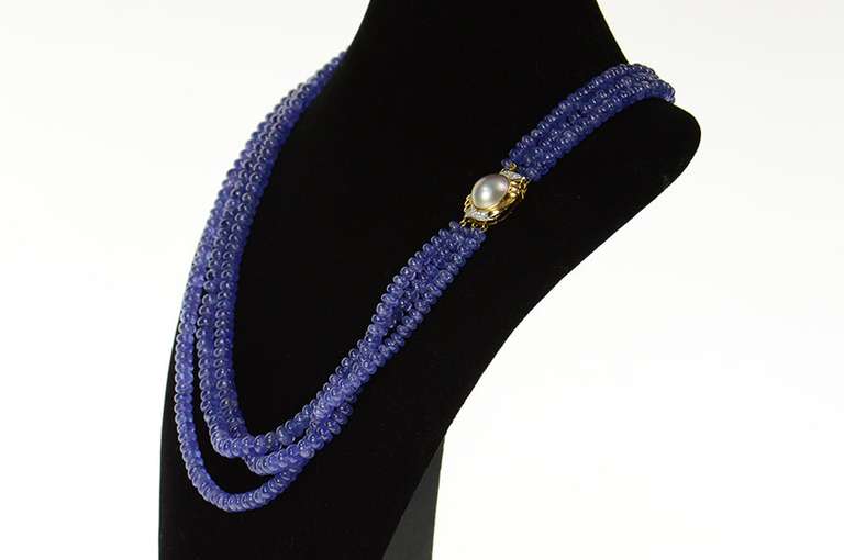 14K Yellow Gold Tanzanite Diamond Pearl Clasp Layered Opera Necklace