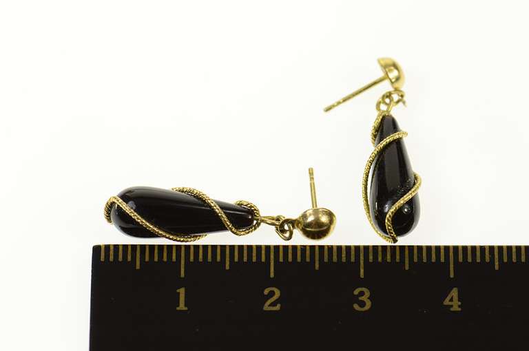 14K Yellow Gold Black Onyx Drop Wrap Spiral Dangle Earrings